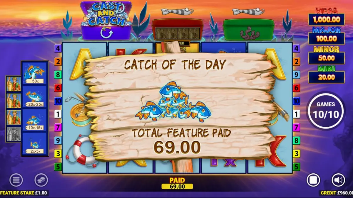 Visual slot Fishin Frenzy Lure Em In dengan latar belakang danau yang tenang dan simbol memancing yang cerah.