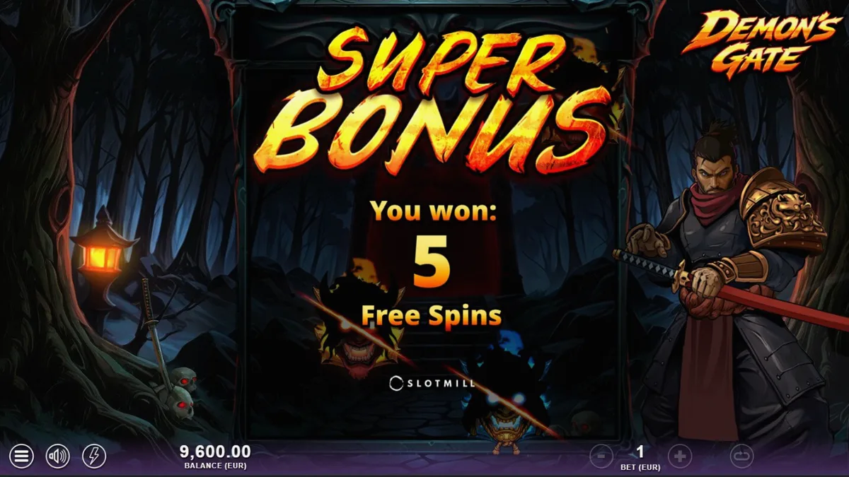 Tampilan antarmuka seluler slot Demon's Gate dengan latar belakang hutan gelap dan portal mistis.