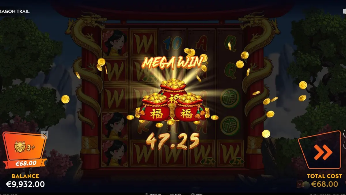 Visual estetik slot Dragon Trail dengan latar belakang pagoda merah dan naga emas